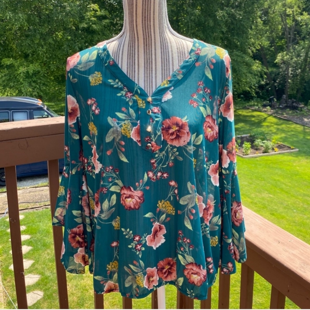 Ember belle sleeve sheer top Teal XL